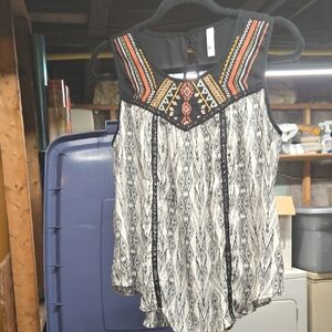 Xhilaration Black and White Tribal Embroidered Tank Top